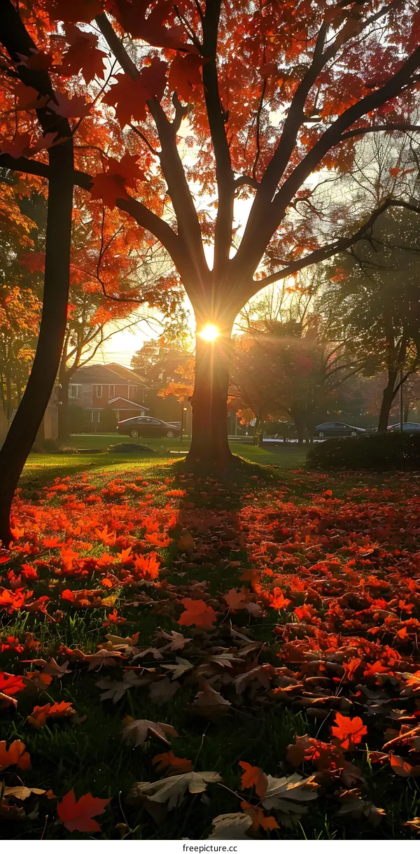 Maple tree in the fall with red leaves on the ground