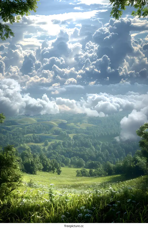 Fantasy landscape with green hills and clouds