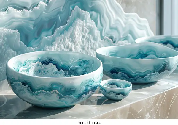 Elegant Turquoise Bowls with Abstract Marble Design