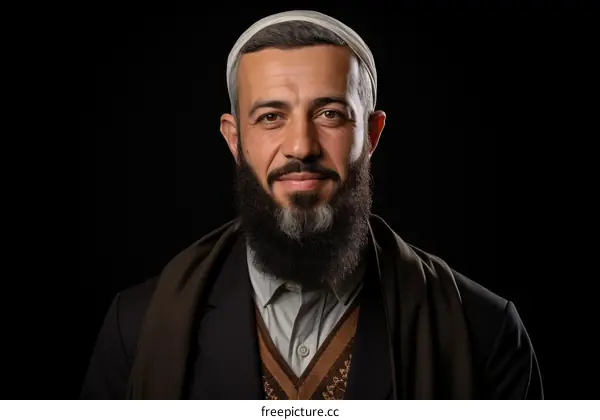 Portrait of a smiling bearded man in a suit and turban