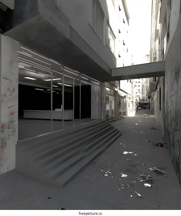 Empty Shopfront with Stairs in a Narrow Alleyway