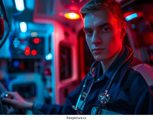 Portrait of a young male paramedic in an ambulance