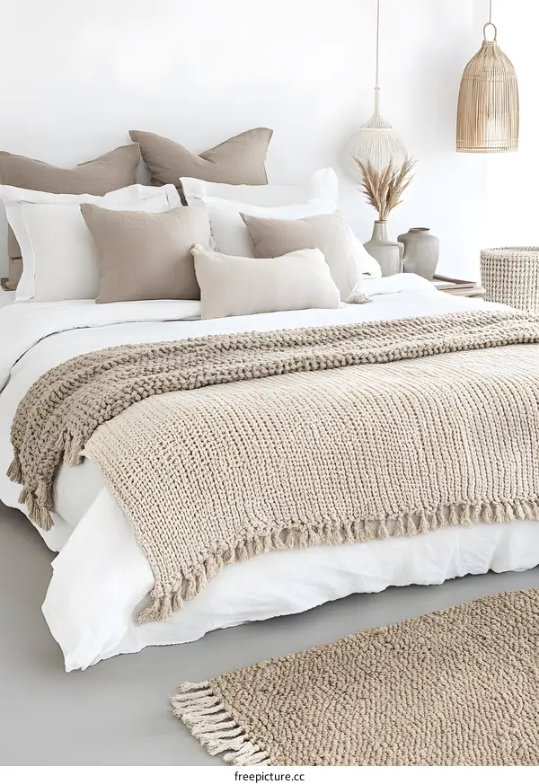 Beige Knitted Blanket And Rug On A Bed In A Minimalist Bedroom