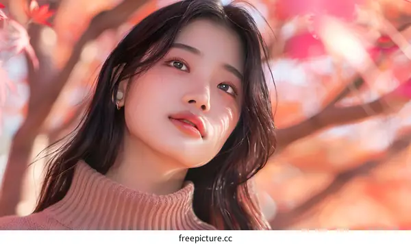 Young Asian Woman Portrait with Autumn Leaves Background