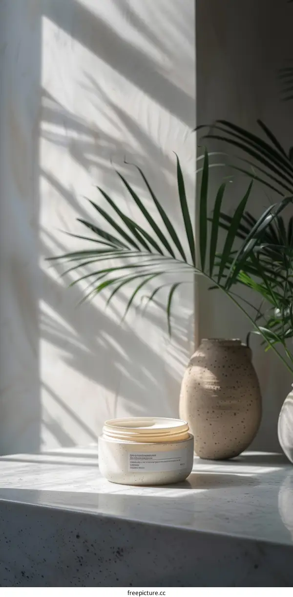 Close-up of a ceramic jar with a plant in the background