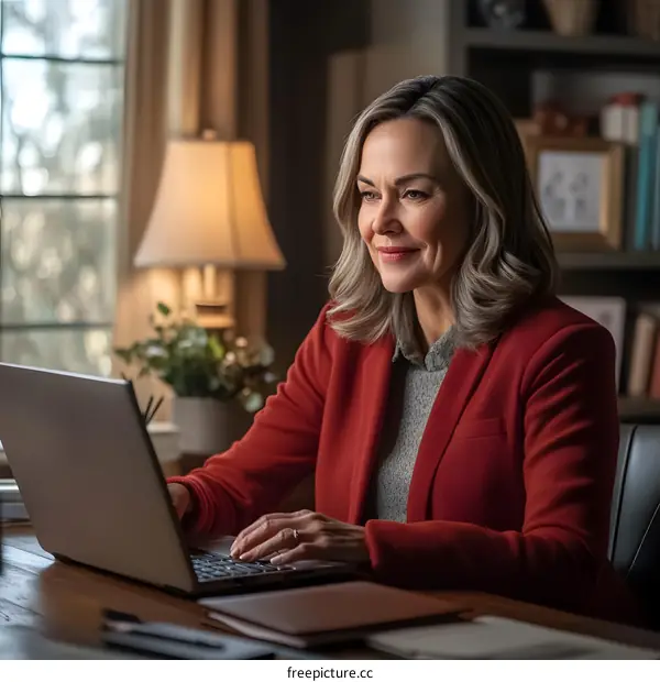 Smiling Woman Working on Laptop at Home Office