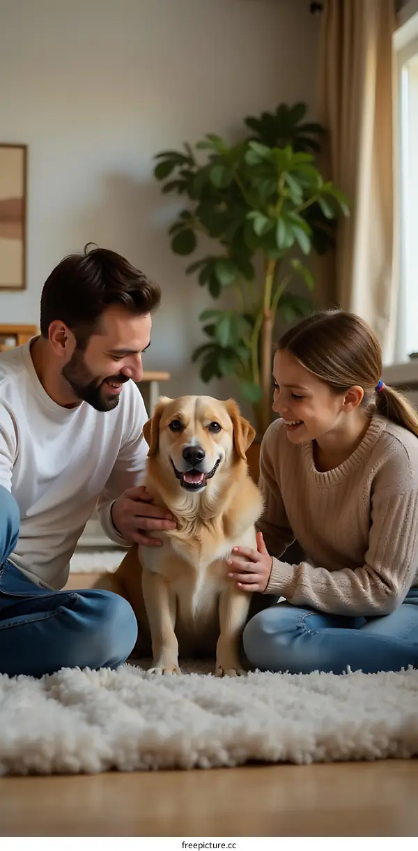 Happy Couple Petting Dog on Living Room Floor