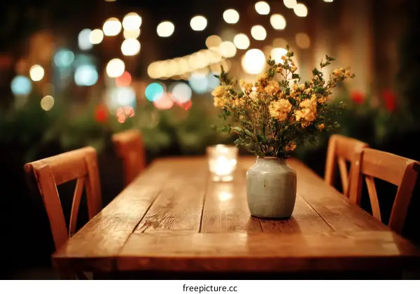 Outdoor Wooden Table with Flowers at Night