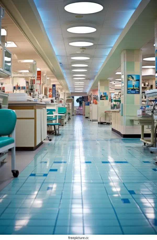 Empty Hospital Hallway with Blue and White Tiled Floor