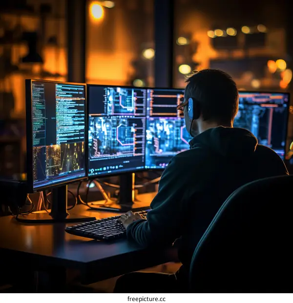 A hacker wearing a hoodie and headphones works on multiple computers in a dark room