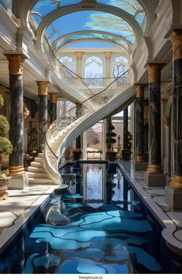 Luxury Indoor Swimming Pool with Spiral Staircase and Marble Columns