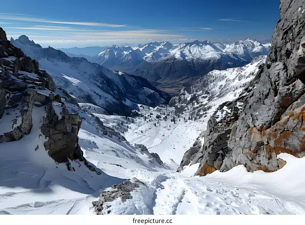 mountain snow valley between rocky peaks