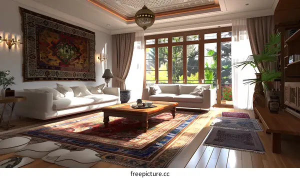 Modern Interior Design Living Room With Large Rug And White Sofa