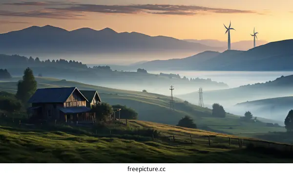 Serene Countryside Landscape with Farmhouse, Mountains, and Wind Turbines