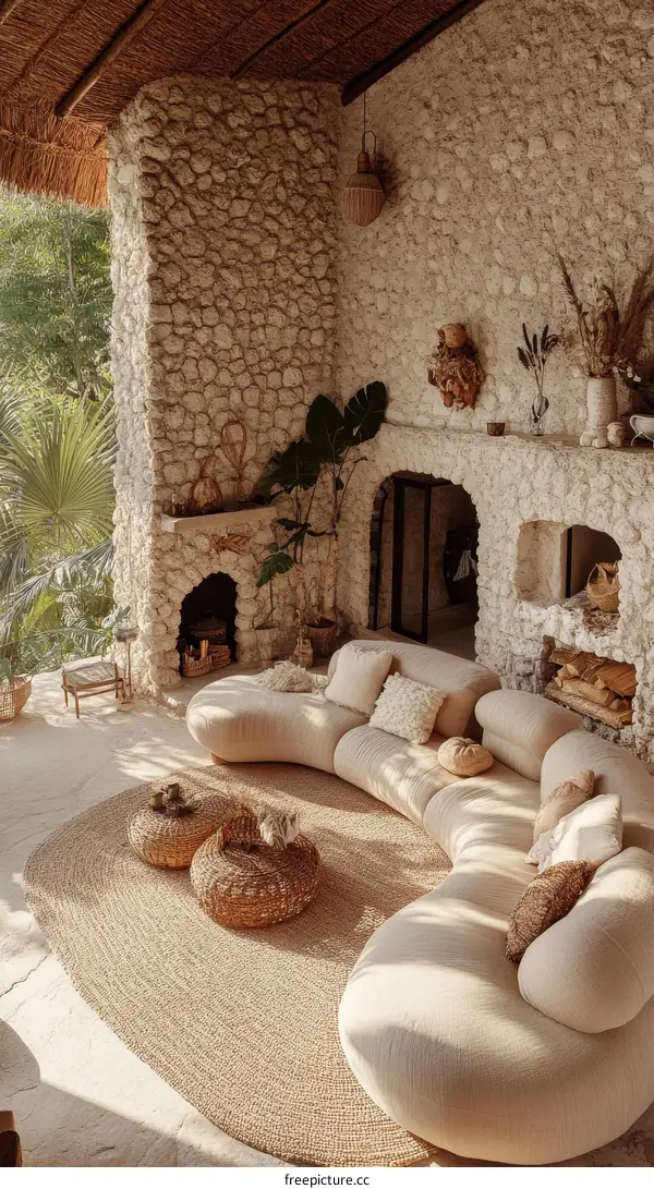 Modern Bohemian Living Room with Stone Walls