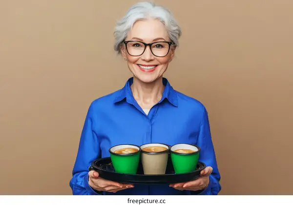 Senior Woman Serving Coffee Cups on a Tray