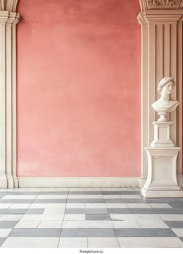 Pink Wall With White Columns and Marble Bust