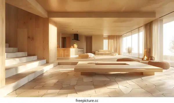 Modern Minimalist Living Room Interior Design with Wood and Stone Elements