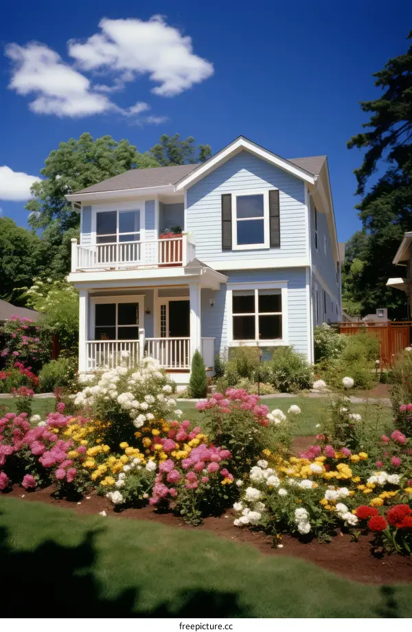 Colorful flowers in front of a blue house