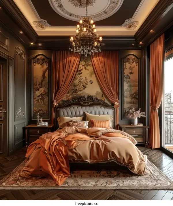Luxury Bedroom Interior Design With Wooden Floor And Chandelier