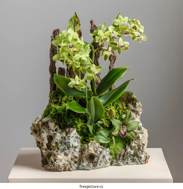 Green Orchids in a Stone Pot
