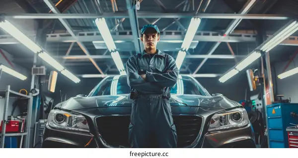 Portrait of a young mechanic standing in front of a car in a garage