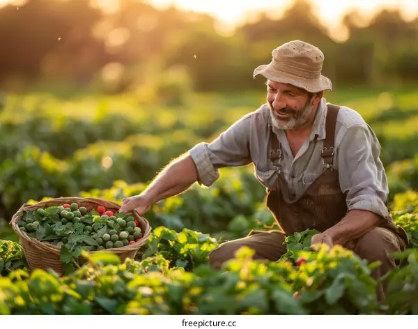 Happy farmer harvesting fresh organic vegetables in the field