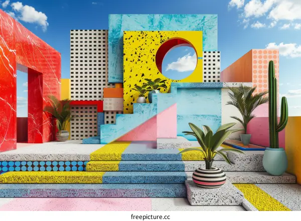 Surreal Memphis style 3D rendering with stairs, plants and blue sky