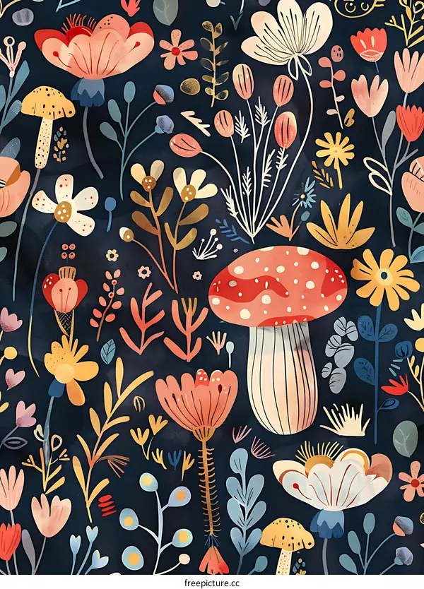 Colorful Flowers and Mushrooms on Dark Blue Background Seamless Pattern