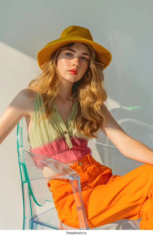 Young Woman Sitting in a Chair With Yellow Hat and Orange Pants