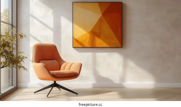 Modern Living Room Interior Design with Orange Chair and Abstract Art
