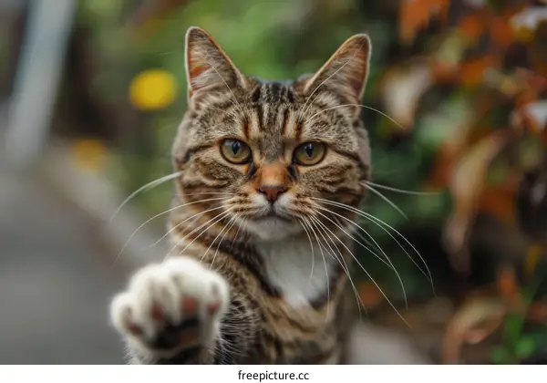 A cat is reaching out its paw