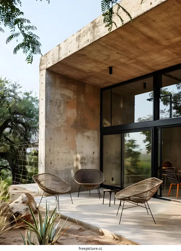 Modern Concrete House With Patio And Wicker Chairs