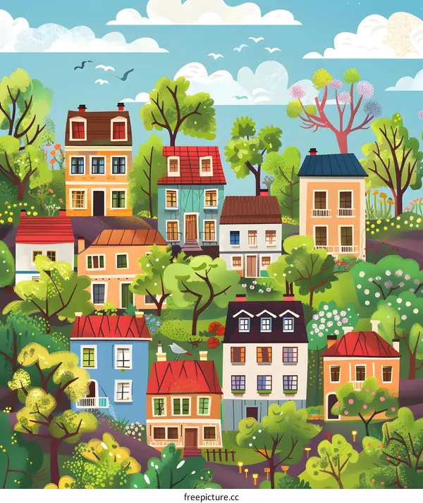 Beautiful Colorful Houses in a Green Landscape Illustration