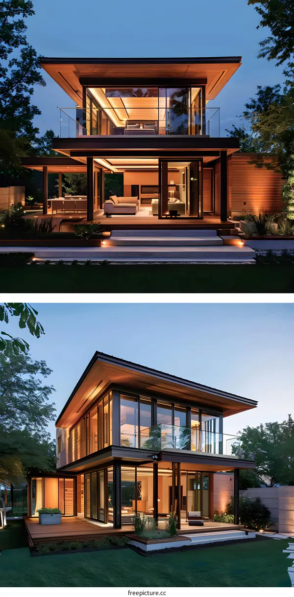 Modern House with Large Windows and Wooden Deck