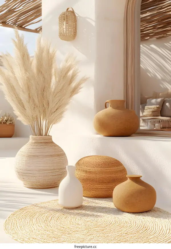 Bohemian Style Interior Design with Woven Baskets and Pampas Grass