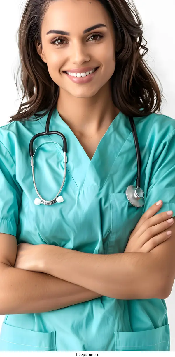 Portrait of a Female Doctor Wearing a Blue Scrubs with a Stethoscope Around Her Neck