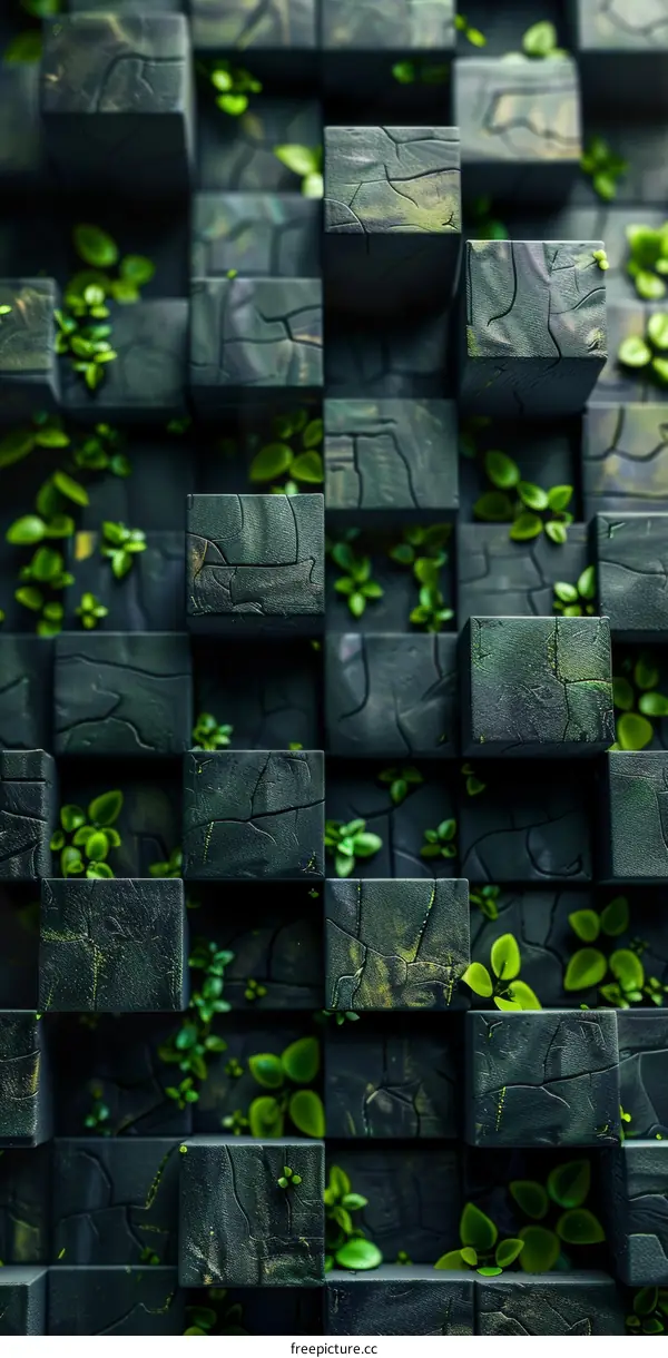 Abstract 3D Cubes with Plants Growth Dark Background