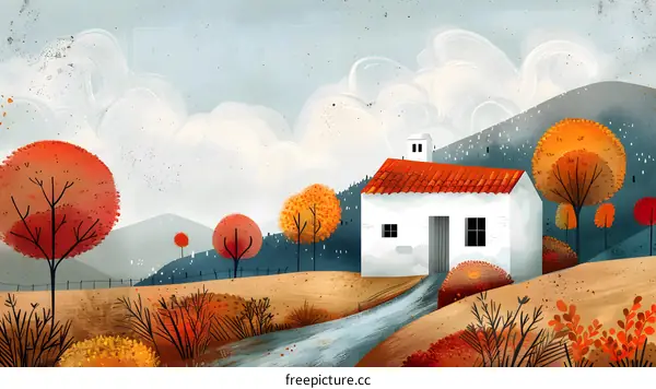 Small white house in autumn