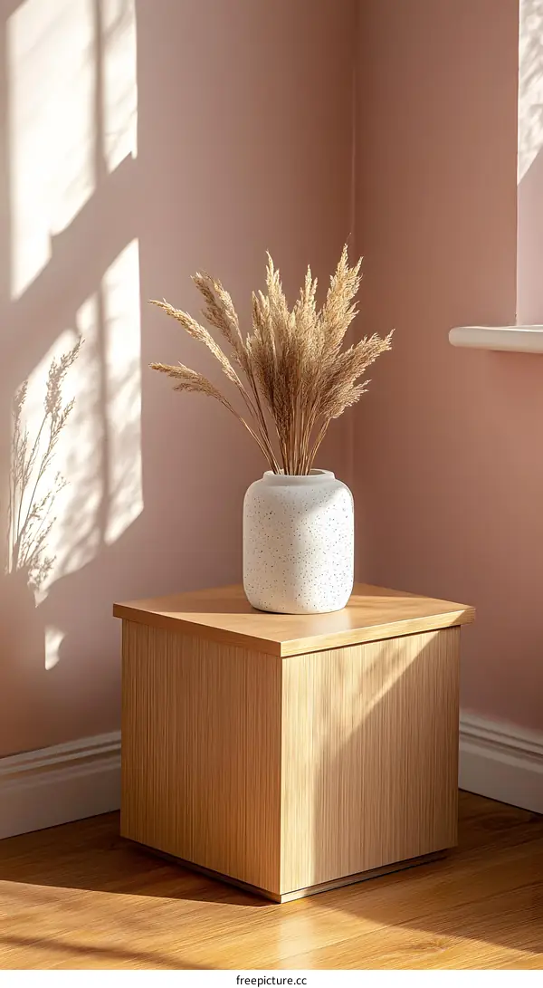 Dried Grass In White Vase On Wooden Table Against Pink Wall
