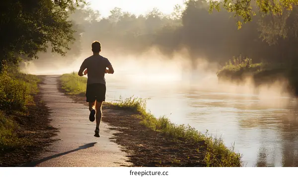 Man Running Along River Path in the Mist