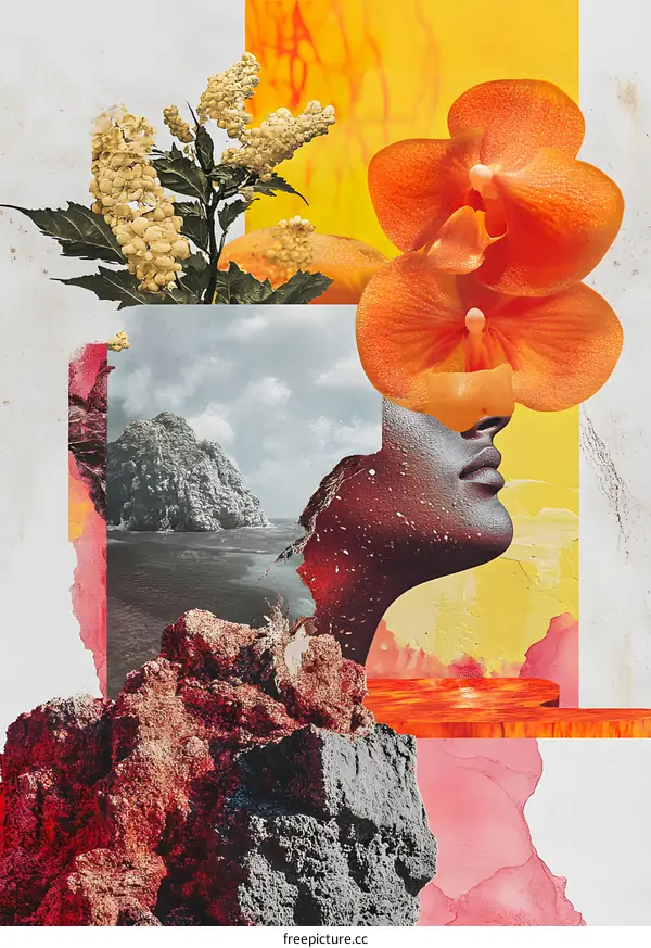 Abstract Collage Art with Flowers and a Woman