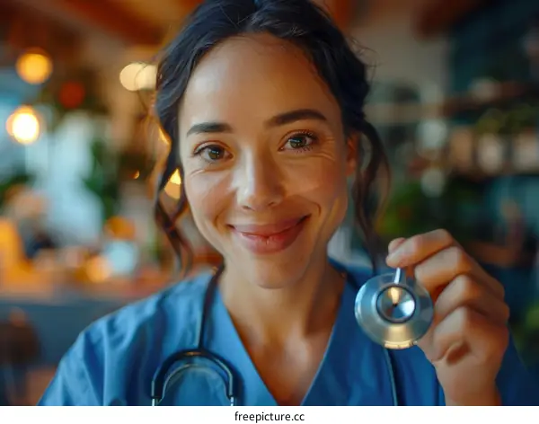 Close-up portrait of a young female doctor or nurse holding a stethoscope