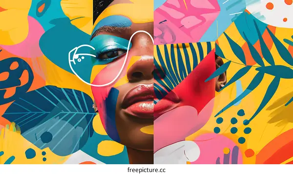 Abstract Portrait with Colorful Tropical Leaves and Geometric Shapes