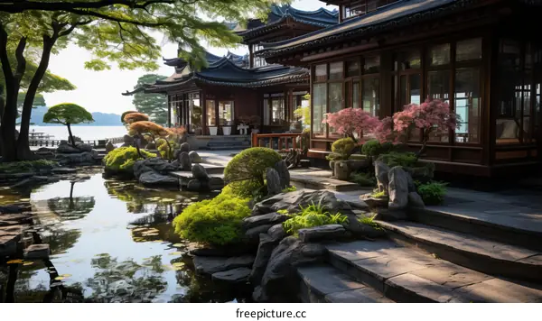 Chinese Traditional Courtyard with Lake View