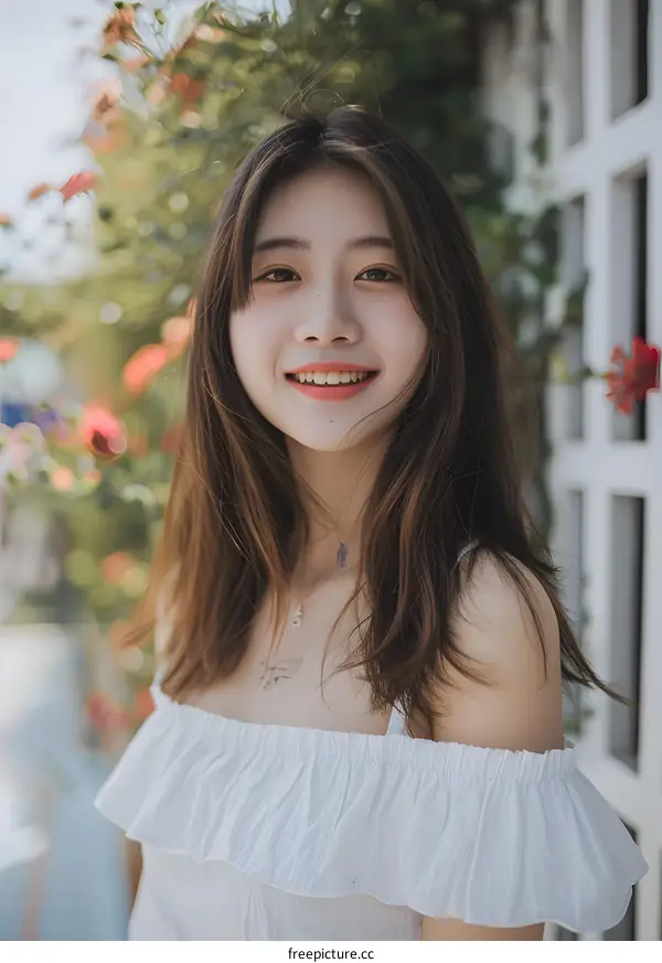 Smiling Asian Woman in White Dress with Flowers in Background