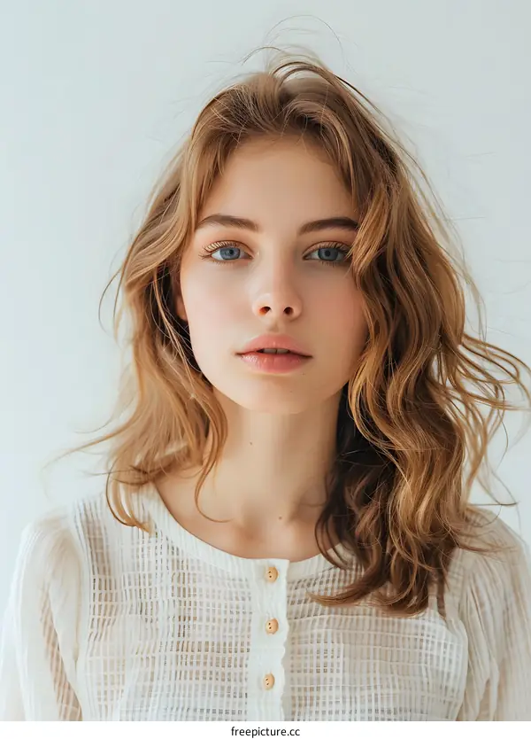 portrait of a beautiful young woman with long blond hair and blue eyes