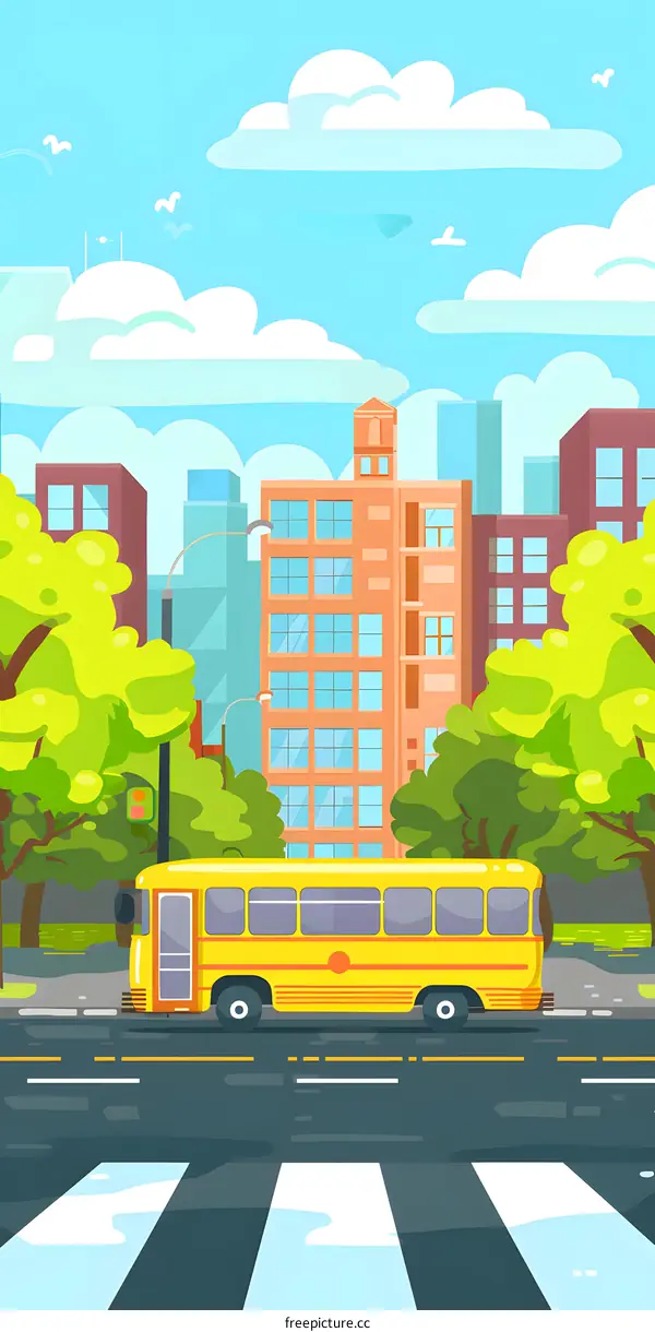 Yellow School Bus Driving on Street in City