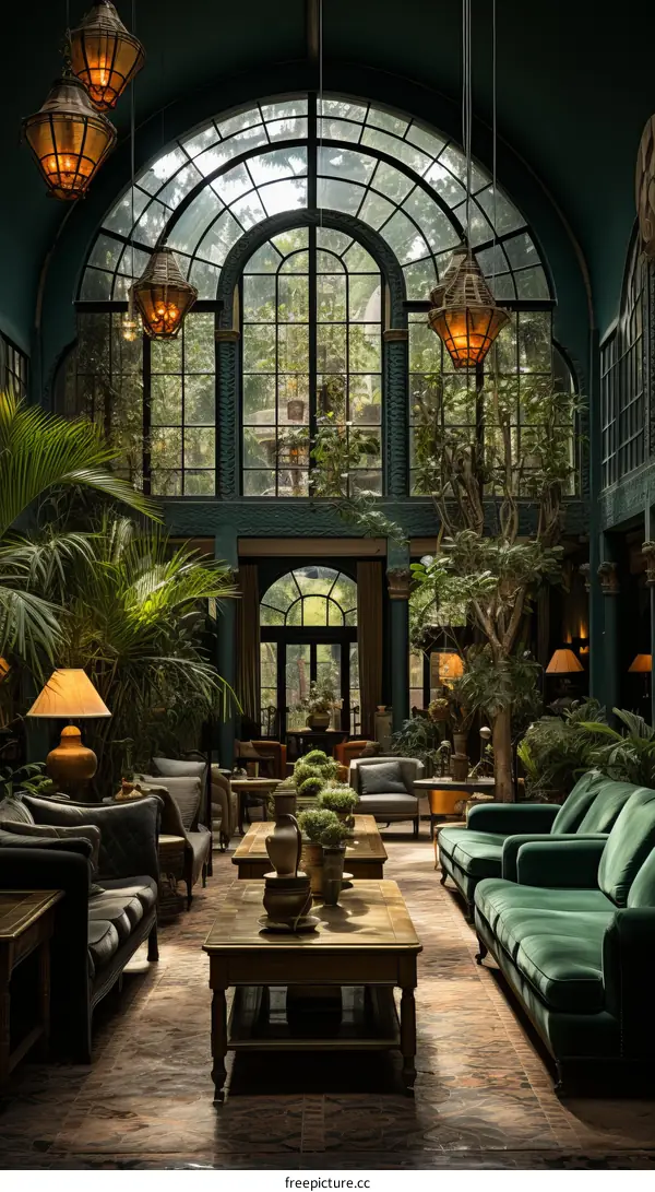 Elegant Living Room with Dark Green Walls, Arched Windows, and Lush Greenery