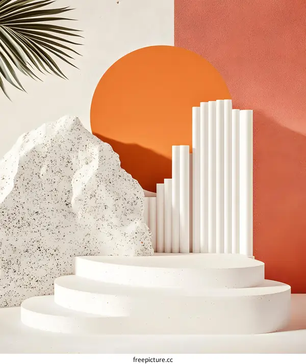 Abstract Minimalist 3D Render with White Stone, Orange Circle and White Columns